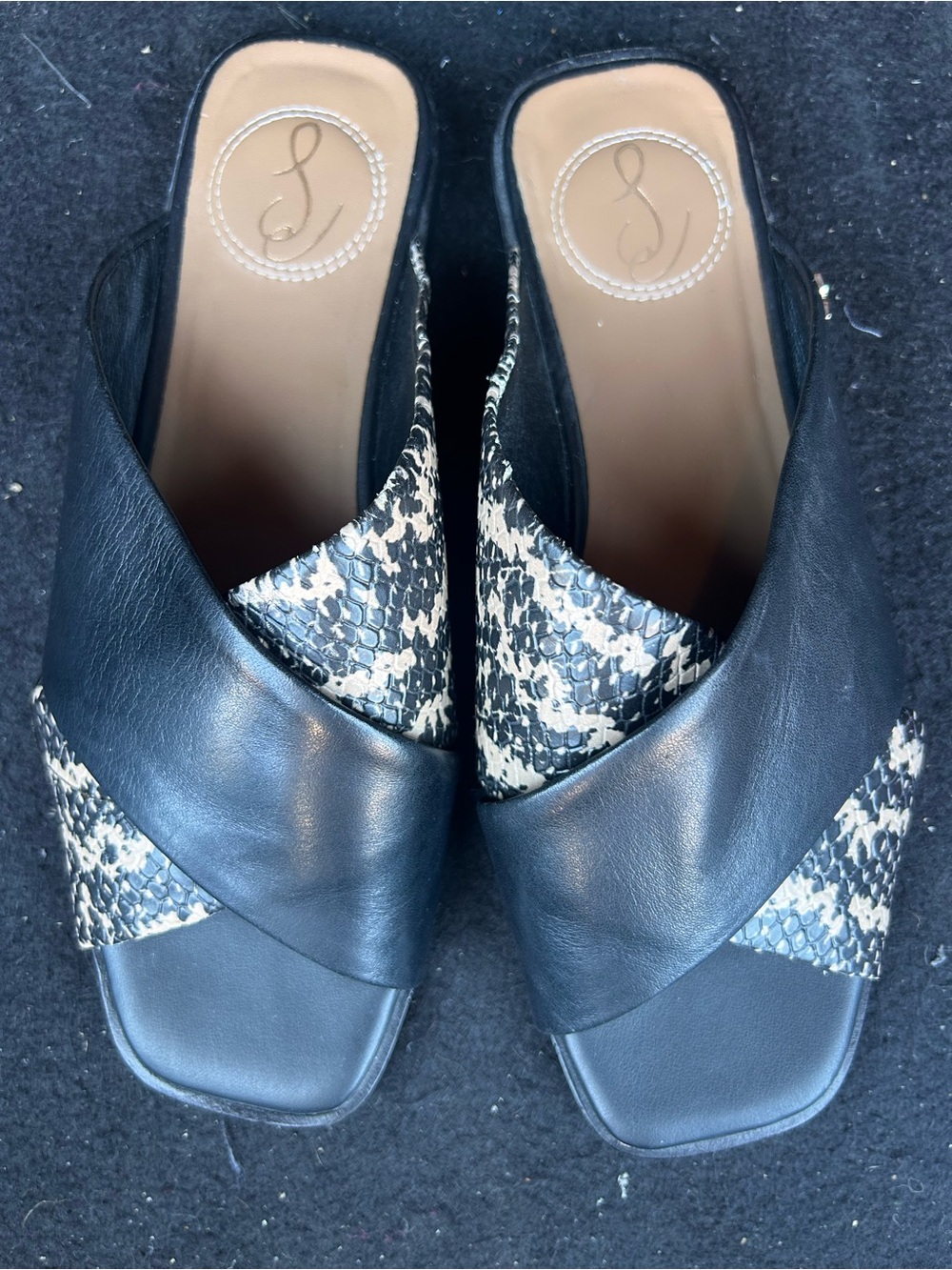 Sam Edelman Black Leather Slide Mules with Snakeskin Accent